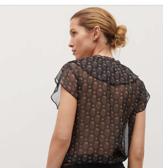MANGO Black & Yellow Floral Ruffled Mock WrapTop. Size XS NWT - Picture 2 of 13